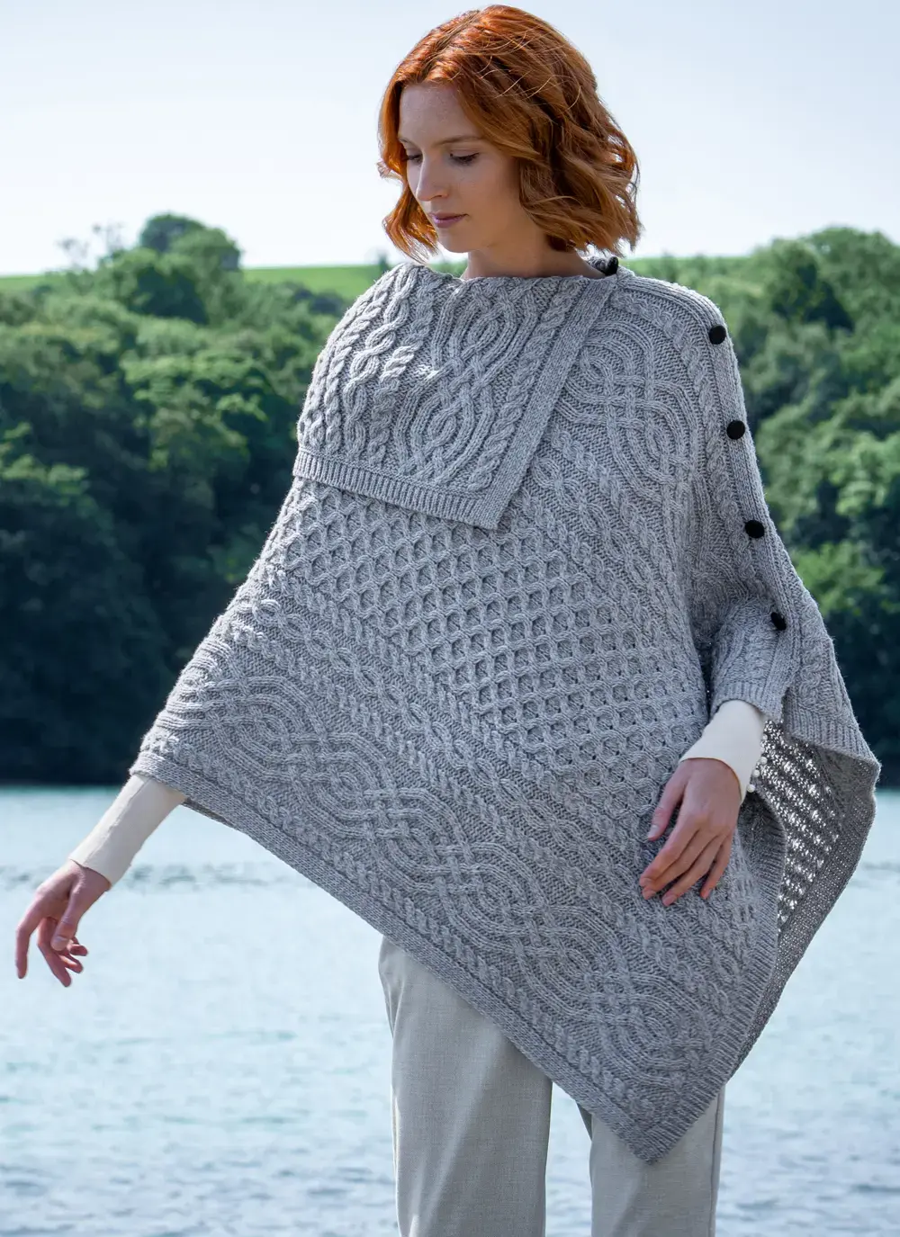 Honeycomb Cable Button Poncho in Soft Grey | Blarney